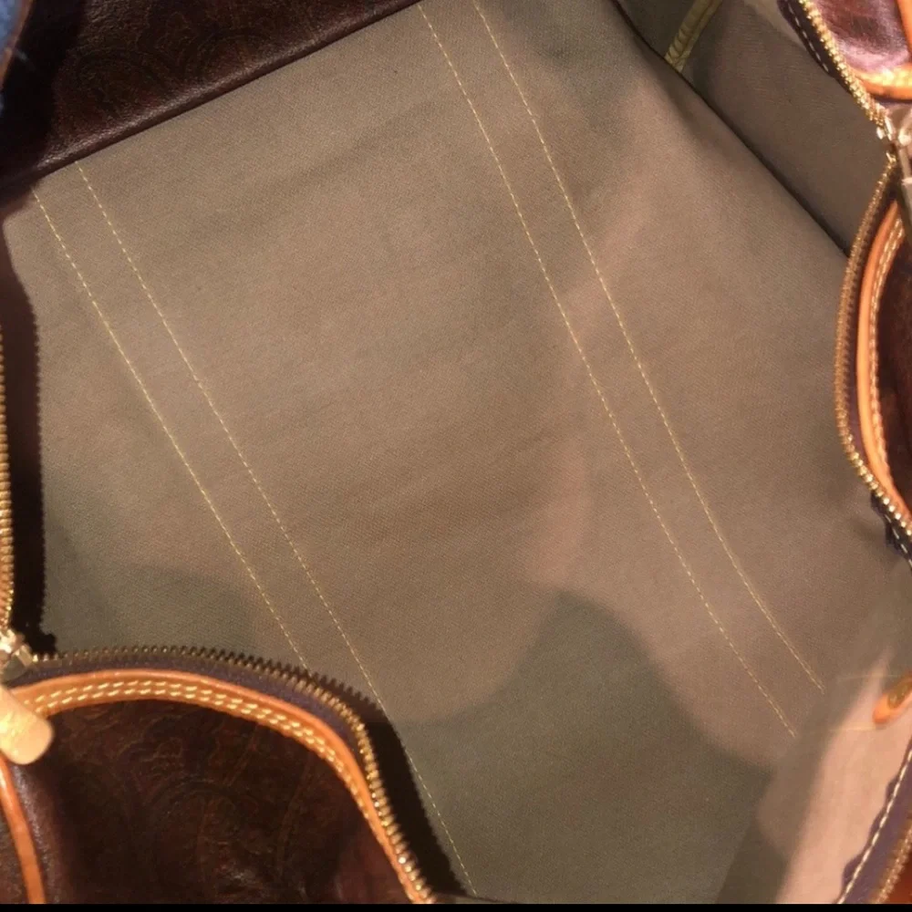 ETRO MILANO Paisley Coated Canvas Vachetta Leather Boston Shoulder Weekend Bag